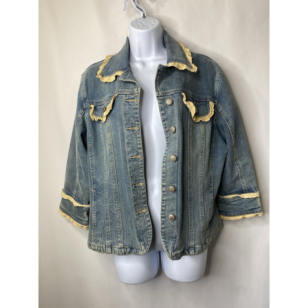 AMI Womens Jean Jacket Size Large Vintage 3/4 Sleeve Lace Trim Cottagecore Boho